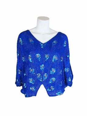 Vintage Silk Beaded Peacock Sequin Top - Size L